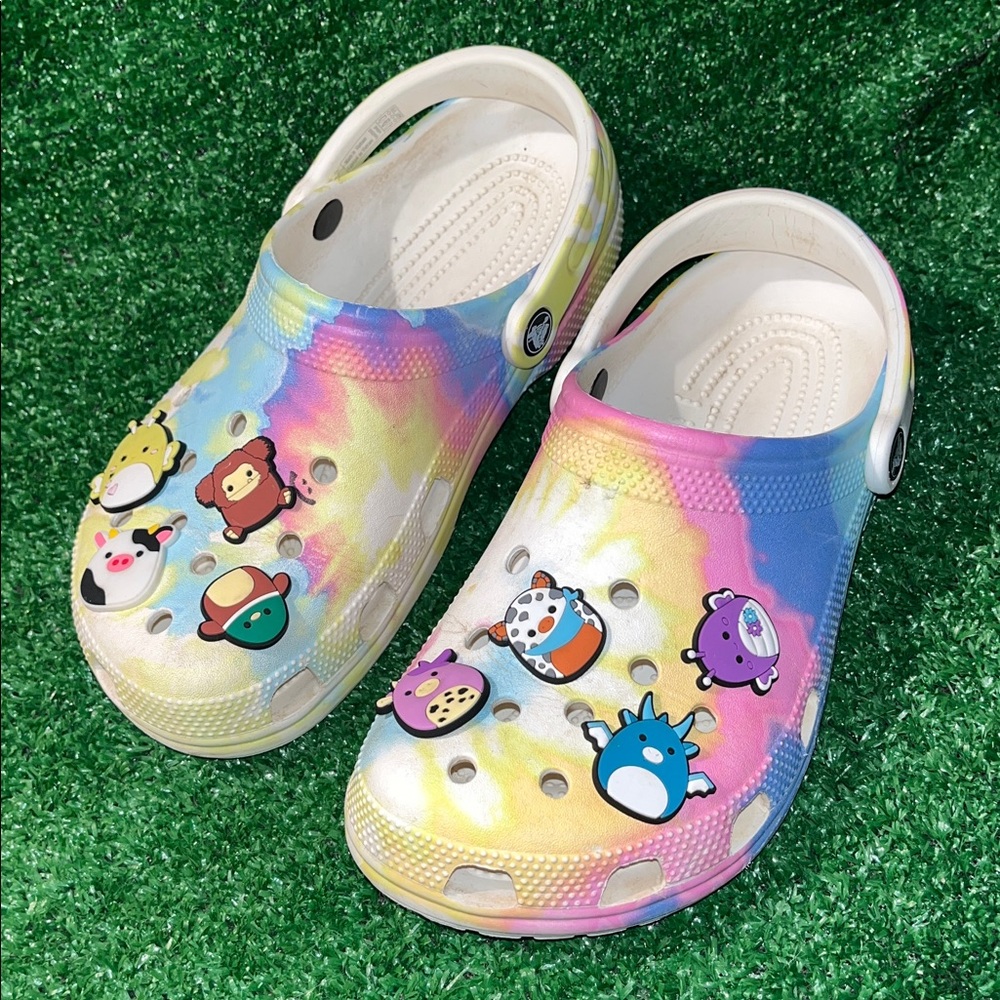 CROCS Multicolor Tie-Dye Clogs with charms shown